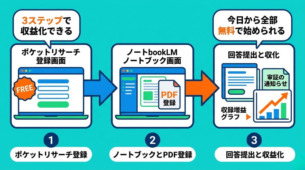 ポケットリサーチ登録からNotebookLMセットアップ・初確定まで3ステップ全体フロー図