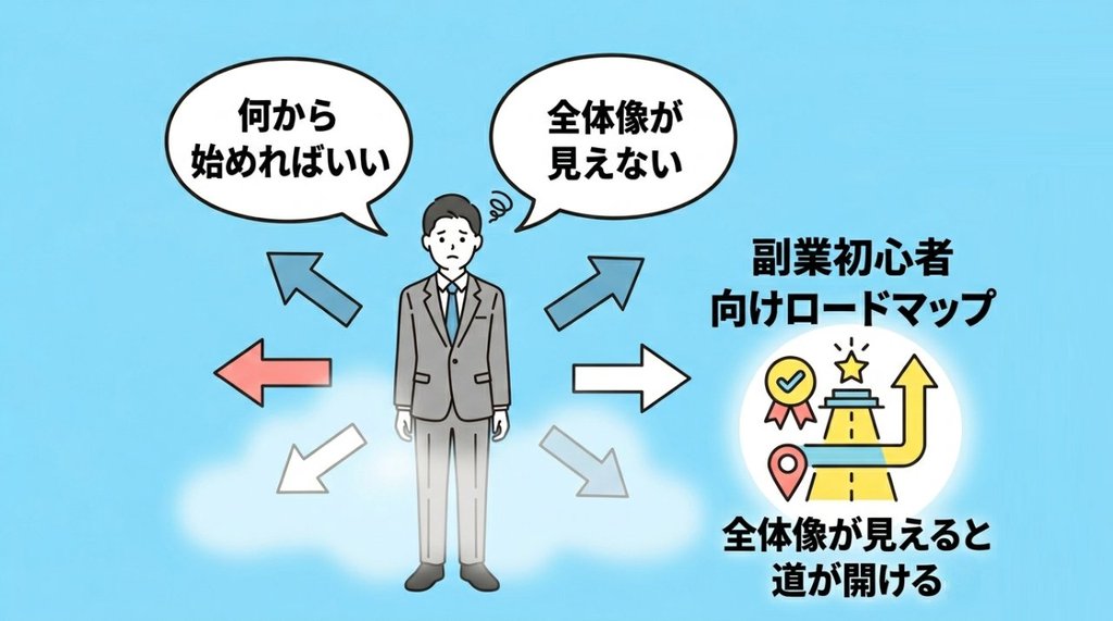 全体像が見えず何から始めればいいかわからない副業初心者のイラスト
