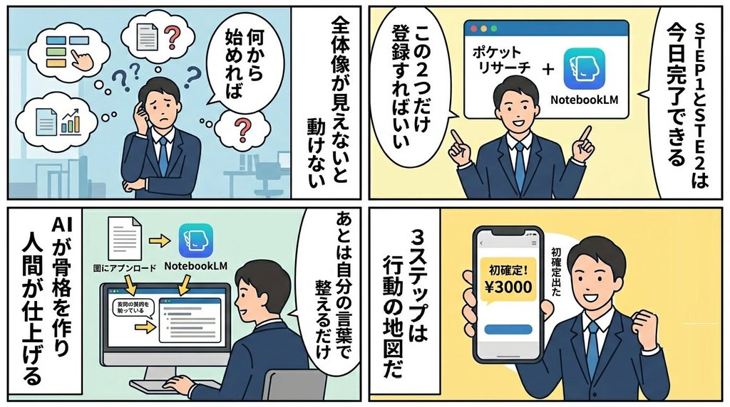 迷いから登録・骨格生成・初確定までを描いた4コマ漫画