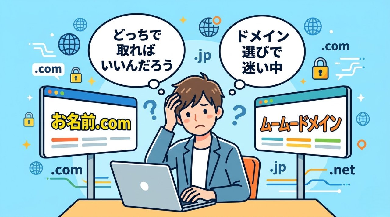 お名前.comとムームードメインのどちらで取ればいいか迷う初心者のイラスト