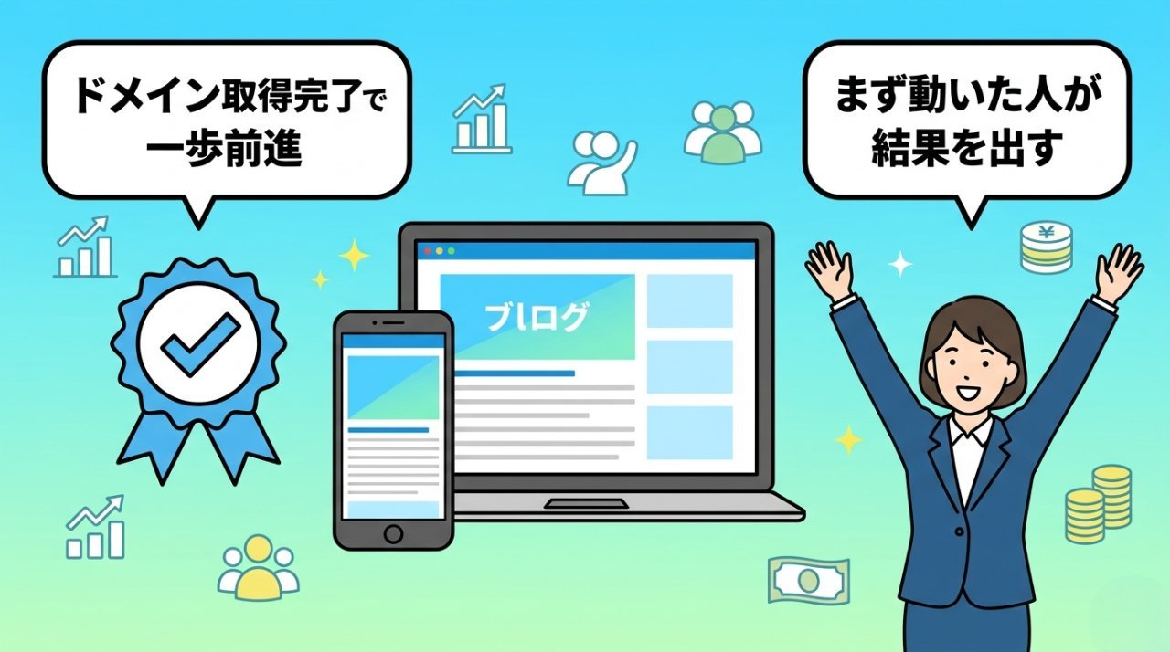 ドメイン取得完了でブログをスタートした達成感のあるイラスト