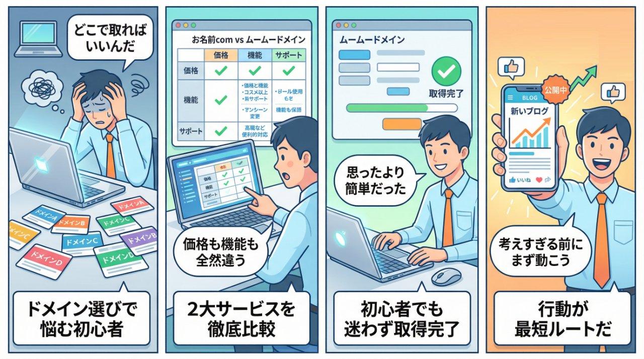 ドメイン比較から取得完了までの流れを描いた4コマ漫画