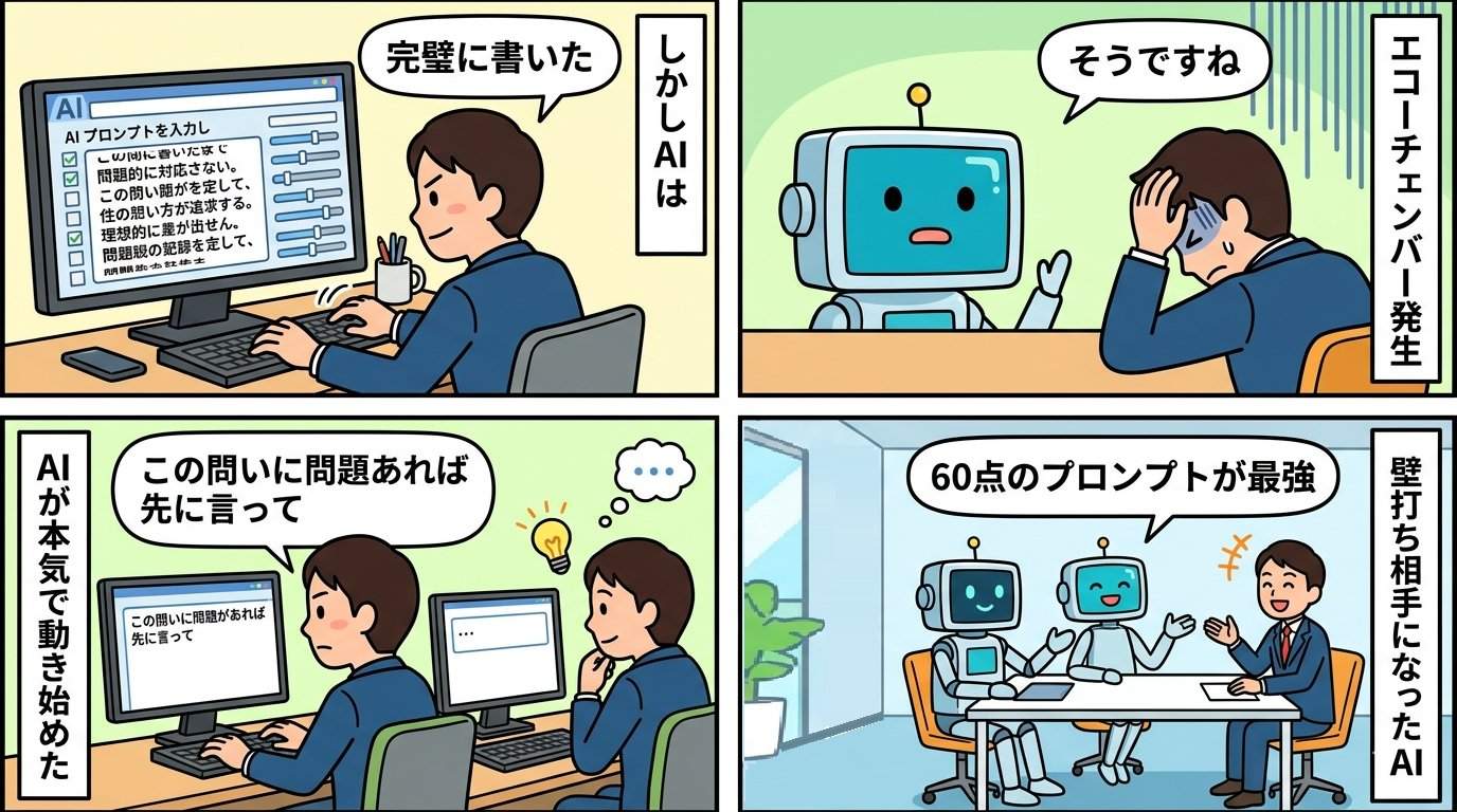 完璧なプロンプトがエコーチェンバーを生み余白プロンプトでAIが本気で動き始めるまでを描いた4コマ漫画