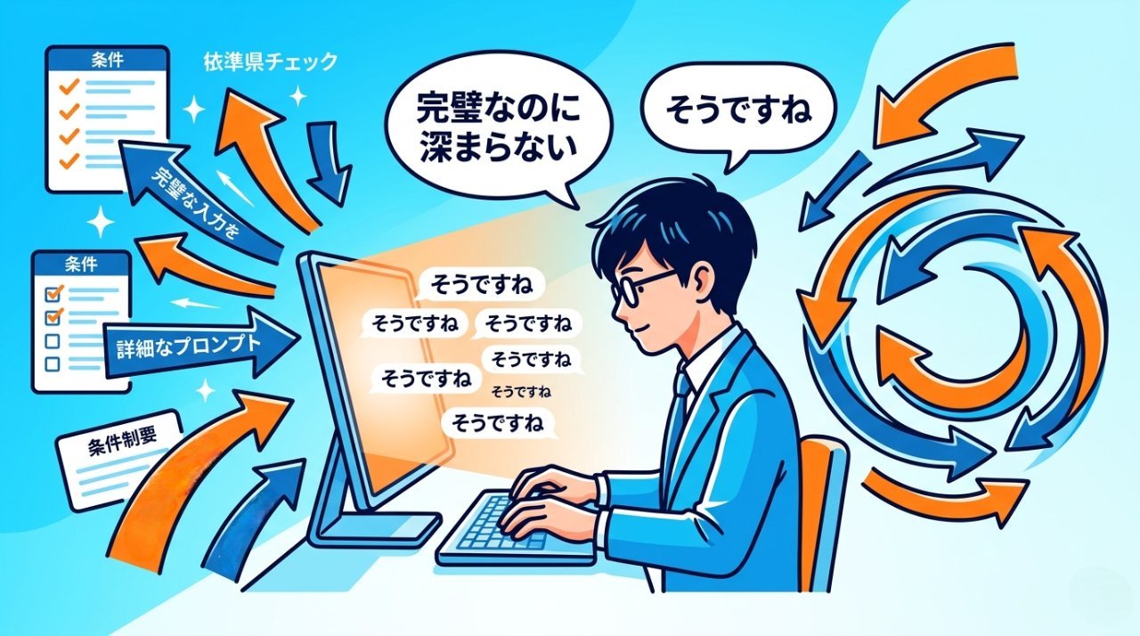 完璧なプロンプトを入力し続けるビジネスパーソンとそうですねを繰り返すAIのエコーチェンバーを図解したイラスト