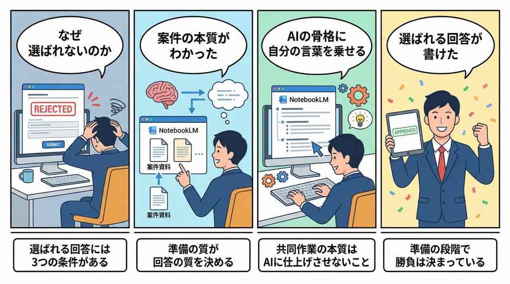 ポケットリサーチ回答作成の4コマ漫画：却下から承認までの流れ
