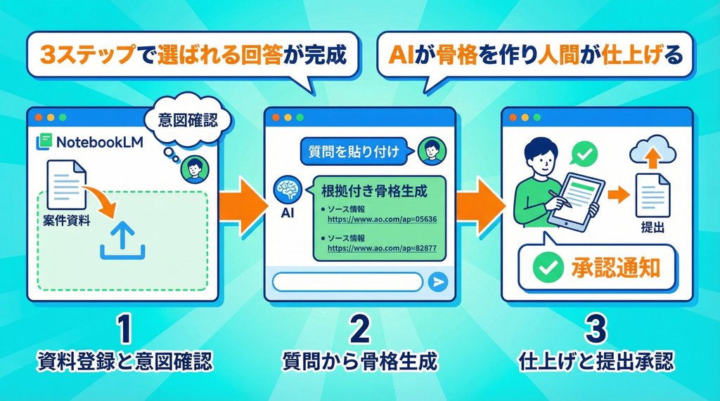 NotebookLMとの共同作業で選ばれる回答を仕上げる3ステップの実践手順図