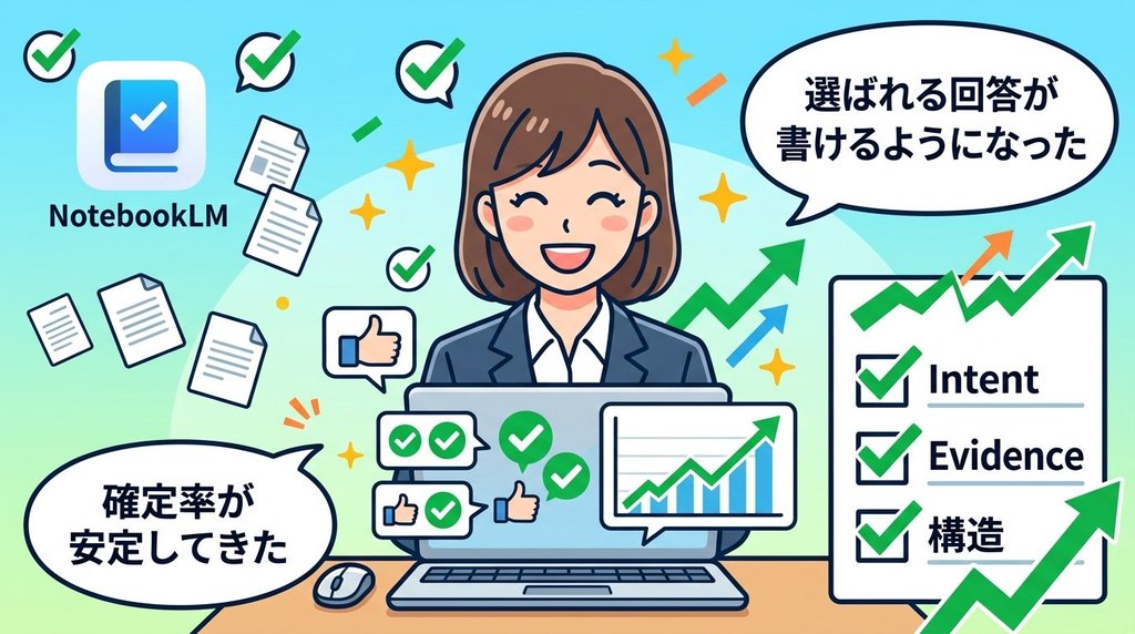 NotebookLMとの共同作業で選ばれる回答を書き続け確定率が安定した未来イメージ