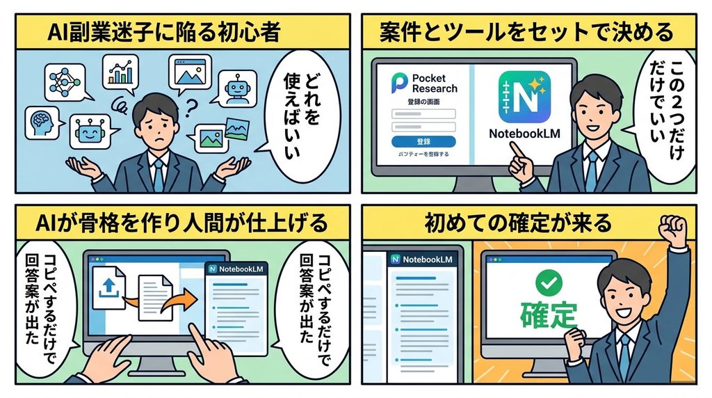 AI副業迷子から初めての確定まで描いた4コマ漫画