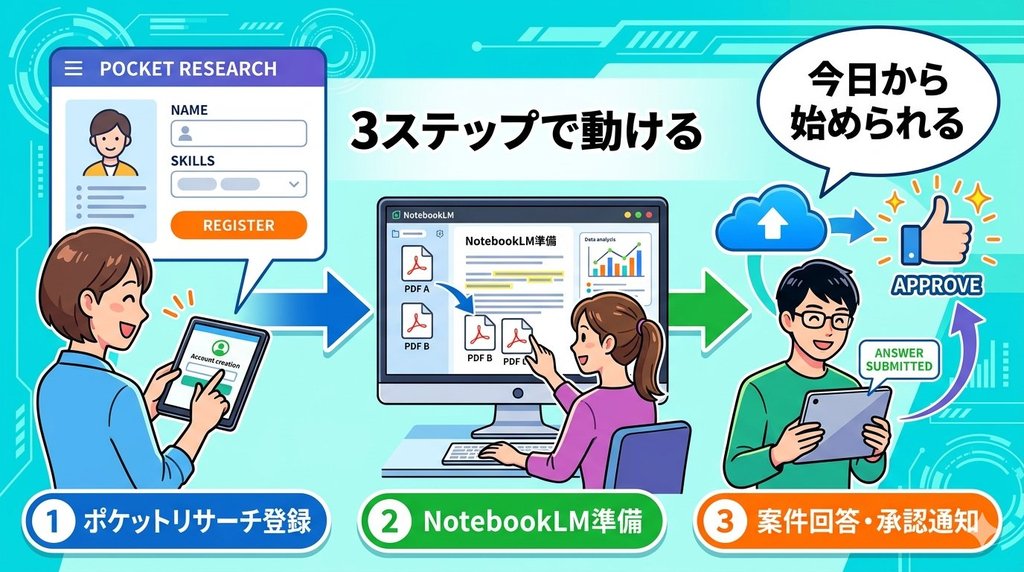 ポケットリサーチ登録からNotebookLM準備・案件回答まで3ステップの流れ図