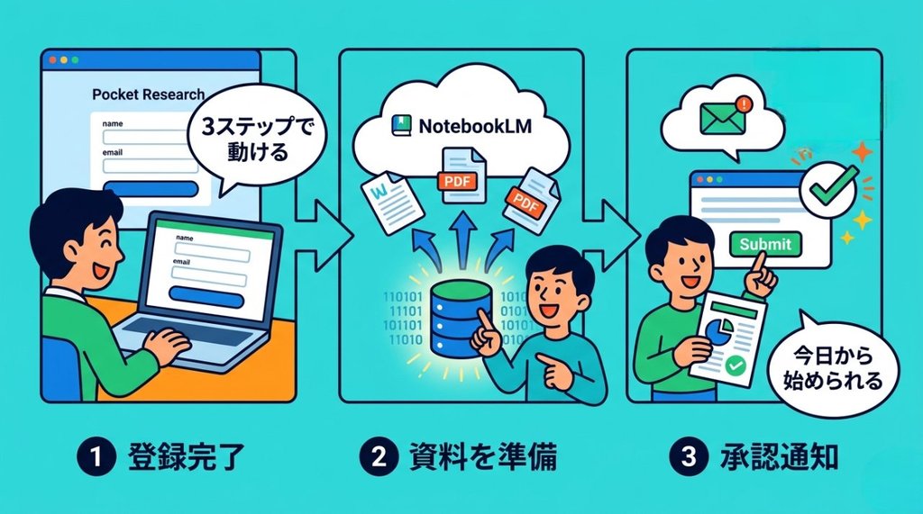 3ステップで登録から承認通知まで動けるイメージ図