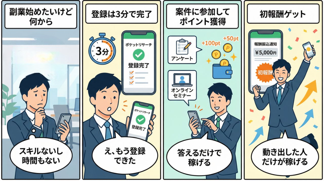 ポケットリサーチ登録から初報酬までの4ステップ漫画：悩み・登録完了・案件参加・初報酬ゲット