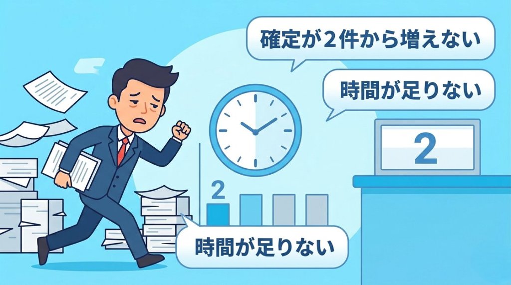 確定が2件から増えない・時間が足りないという悩みを表したイラスト