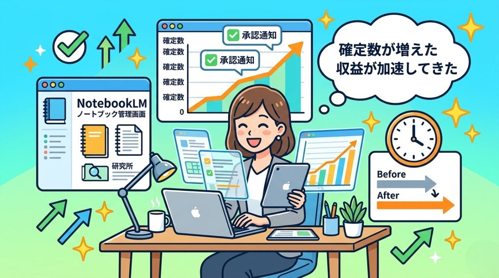 NotebookLMで確定数が増え収益が加速した未来イメージ