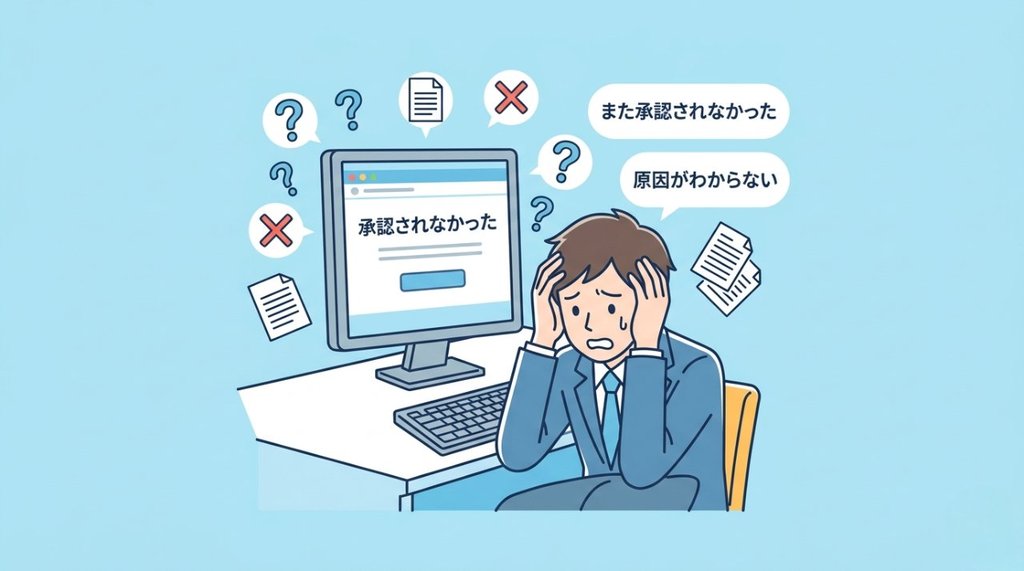 ポケットリサーチの回答が承認されず困っているビジネスパーソンのイラスト