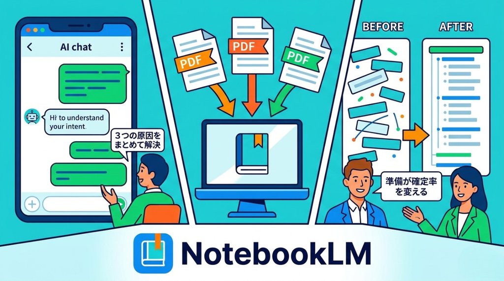 NotebookLMでPDFを登録し3つの原因を解決するイメージ図