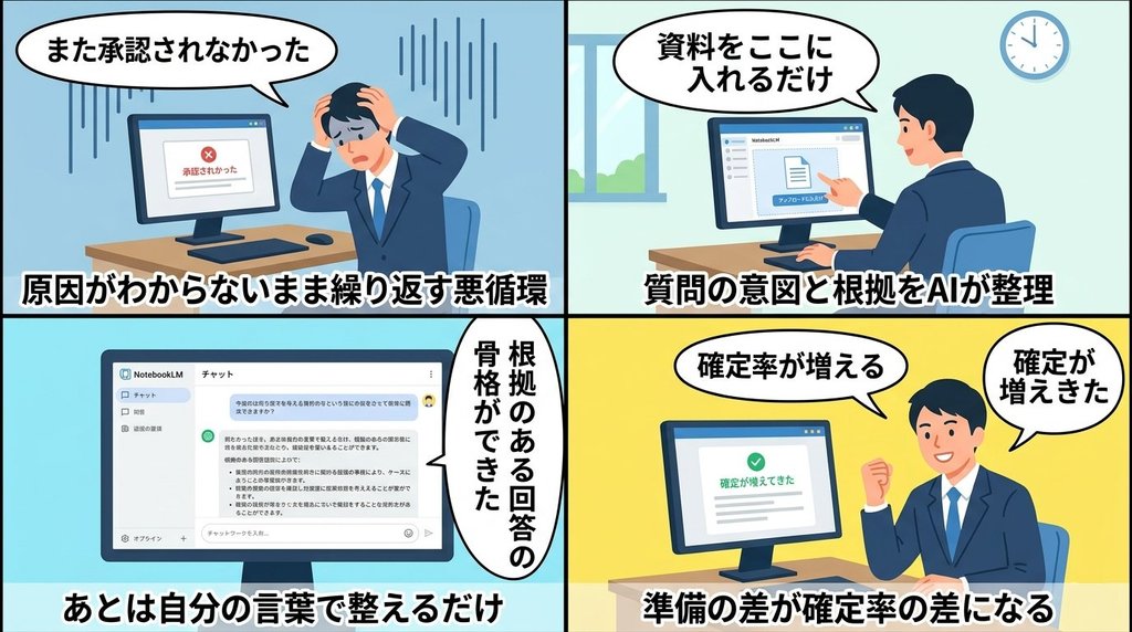 NotebookLM活用の4コマ漫画：悪循環から準備・回答骨格・確定増加まで