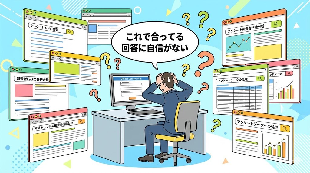 情報過多で回答に自信が持てないビジネスパーソンのイラスト