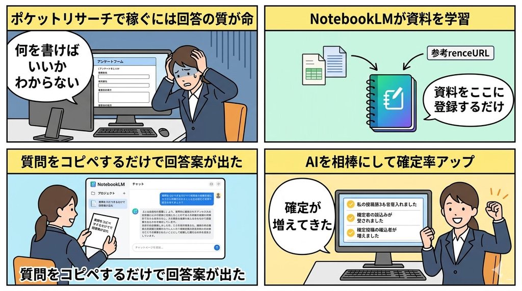 ポケットリサーチ×NotebookLM活用の4コマ漫画