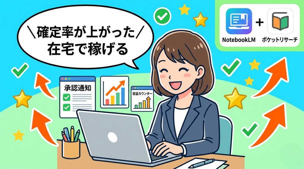 NotebookLMとポケットリサーチで確定率が上がり在宅で稼げるようになった未来イメージ