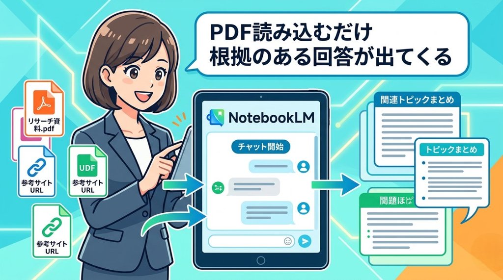 PDFや参考URLをNotebookLMに登録して回答を出力するイメージ図