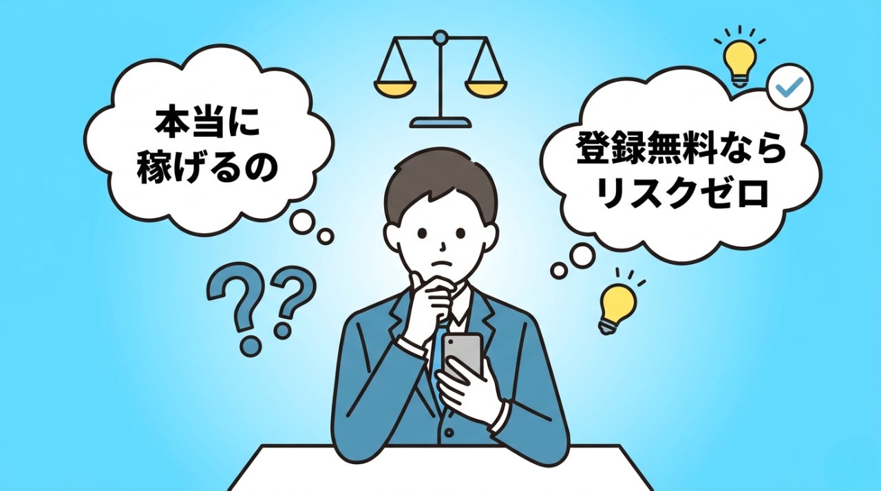 アンケート副業を本当に稼げるか迷いながらリスクゼロなら試してみようと決断する場面