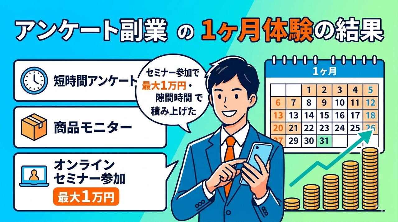 アンケート副業1ヶ月体験の結果:短時間アンケート・商品モニター・オンラインセミナー参加で最大1万円