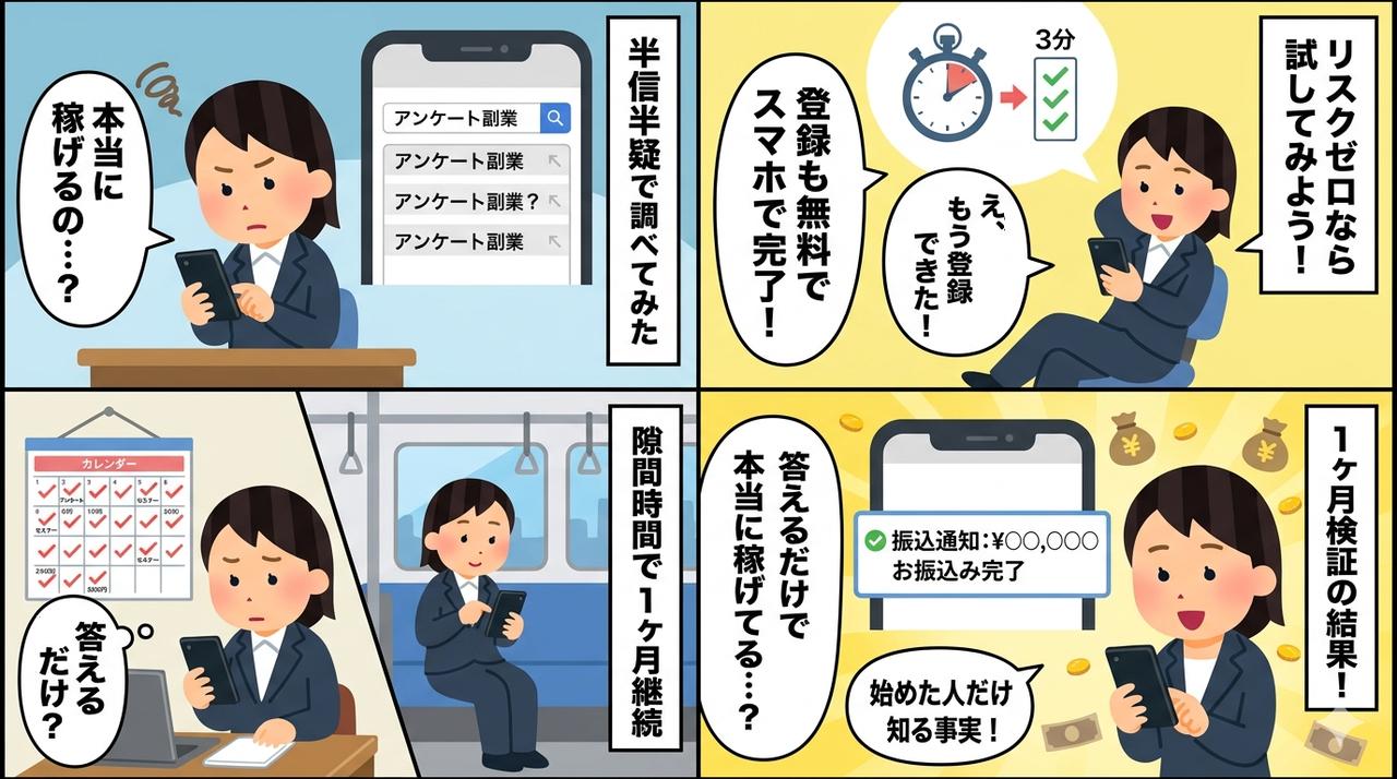 アンケート副業を半信半疑で始めて1ヶ月後に初報酬を得るまでの4コマ漫画