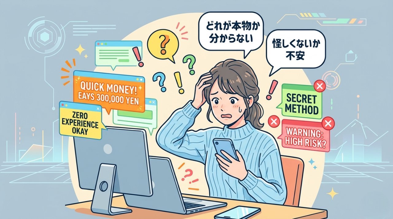 副業情報があふれるネットの中で困惑する主婦のイラスト