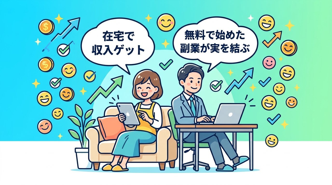 在宅副業で収入を得て笑顔になった主婦と会社員のイラスト