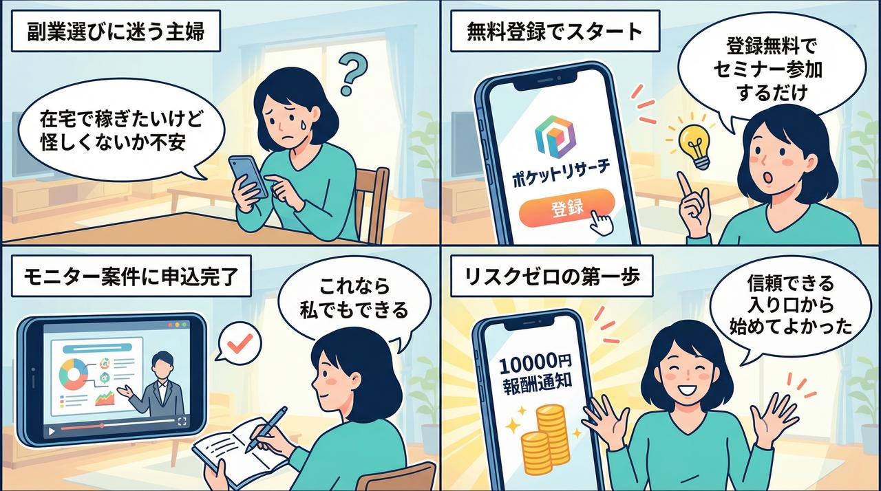 ポケットリサーチで在宅副業を始める流れを描いた4コマ漫画