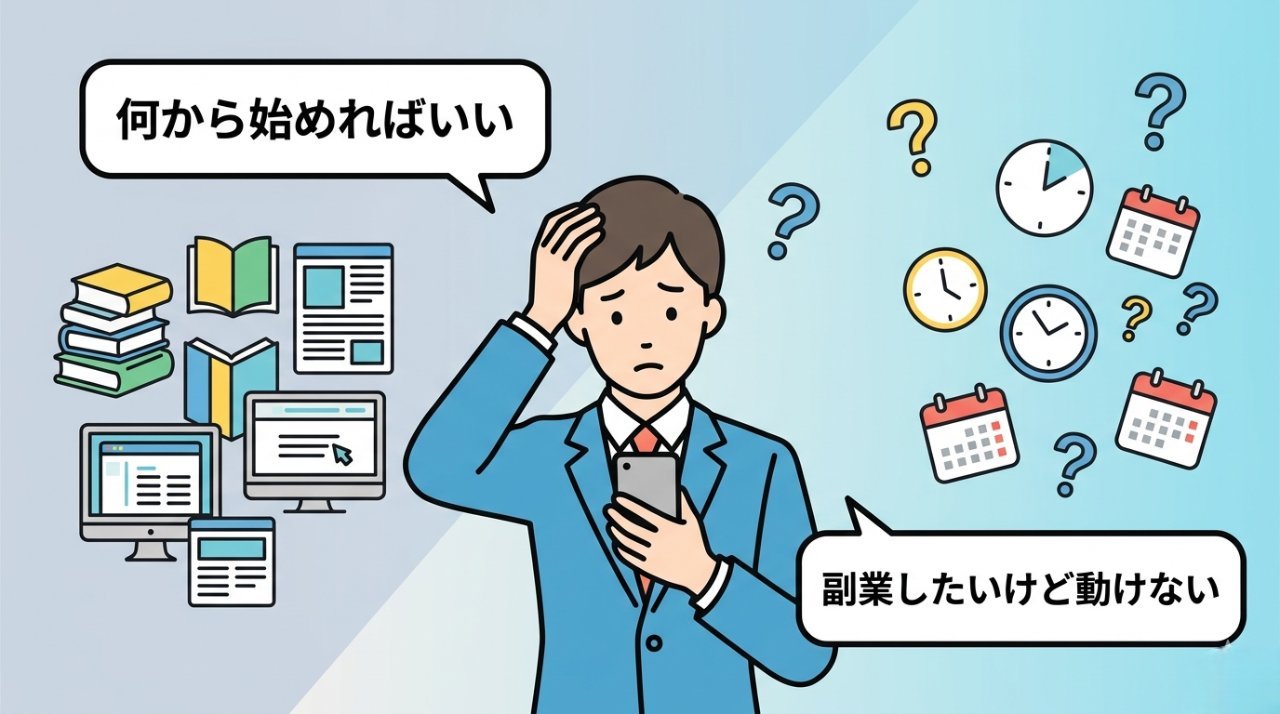 副業を始めたいのに何から始めればいいか悩むビジネスパーソンのイラスト