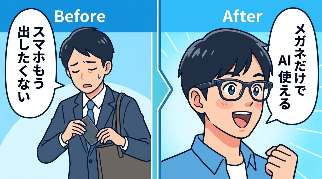 スマホを毎回取り出す手間に疲れた人が、Ray-Ban MetaでAIが使えることを知って表情が変わるBefore／Afterイラスト
