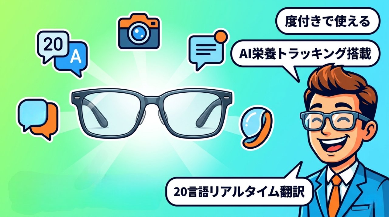 Ray-Ban Meta Optics Stylesの機能アイコン——20言語翻訳・AI栄養トラッキング・メッセージ要約を図解したイラスト
