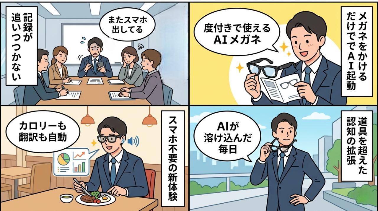 Ray-Ban Meta Optics Stylesで変わる日常を描いた4コマ漫画——会議・AI起動・栄養管理・未来イメージ