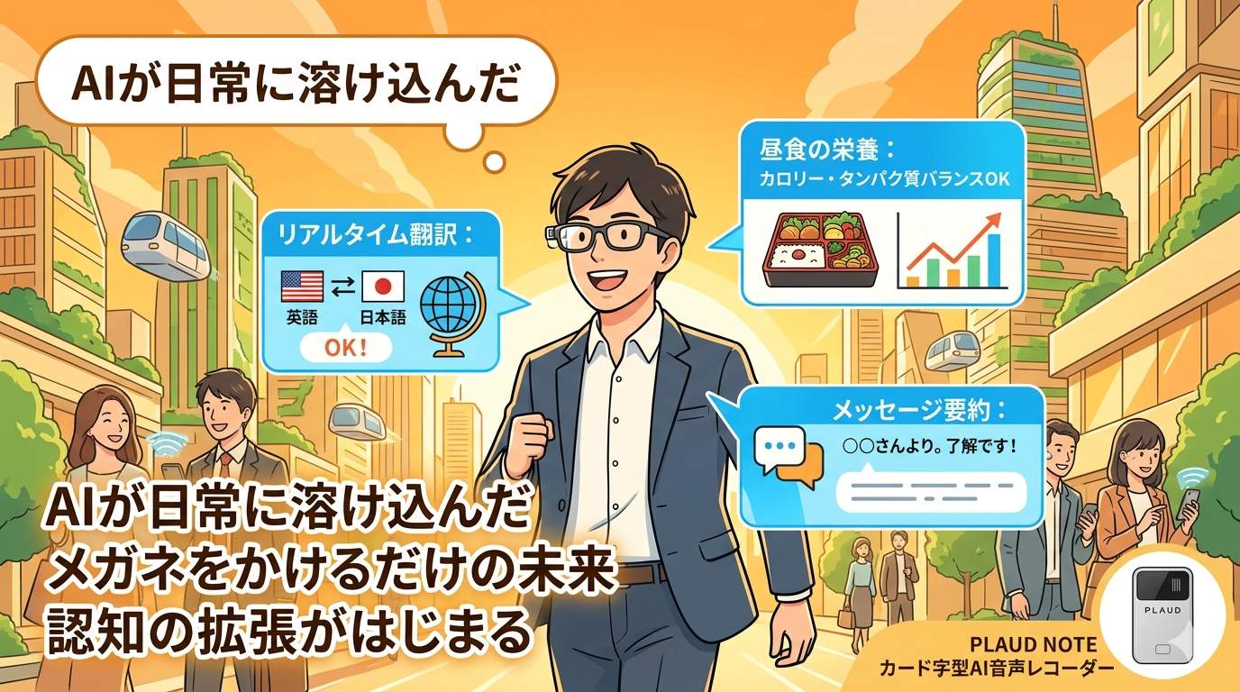 AIが日常に溶け込んだ未来イメージ——Ray-Ban MetaとPLAUD NOTEで実現するウェアラブルAI生活のイラスト