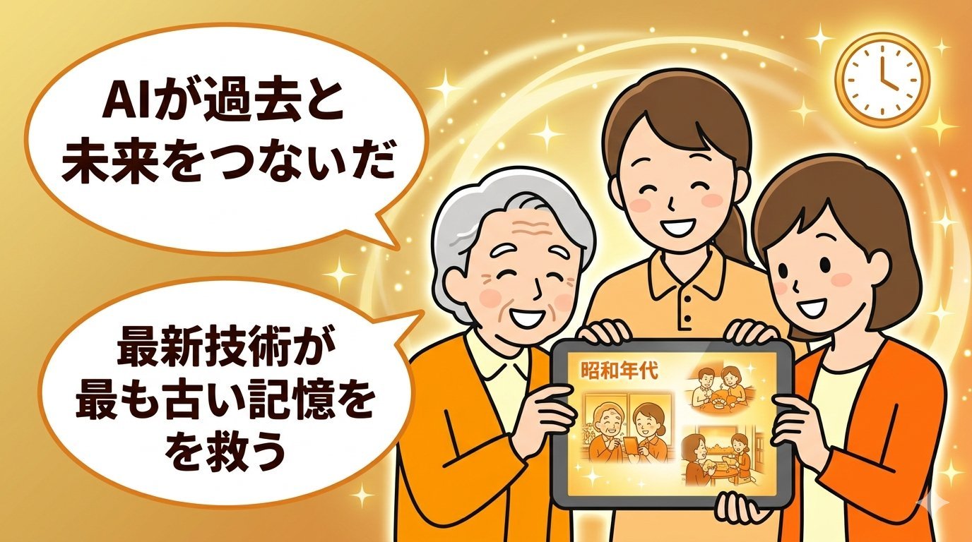 お年寄り・ケアスタッフ・家族の3人が笑顔でタブレットを囲む——AIが過去と未来をつないだ理想の未来イメージ