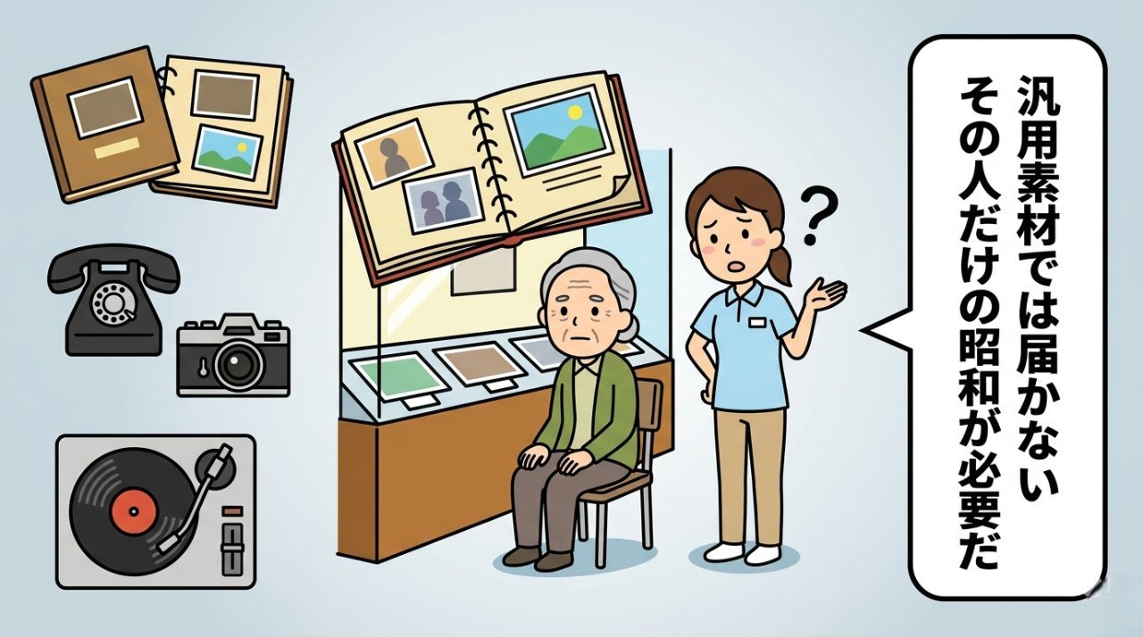 汎用素材では届かない——その人だけの昭和が必要だと気づいたケアスタッフと無表情のお年寄り