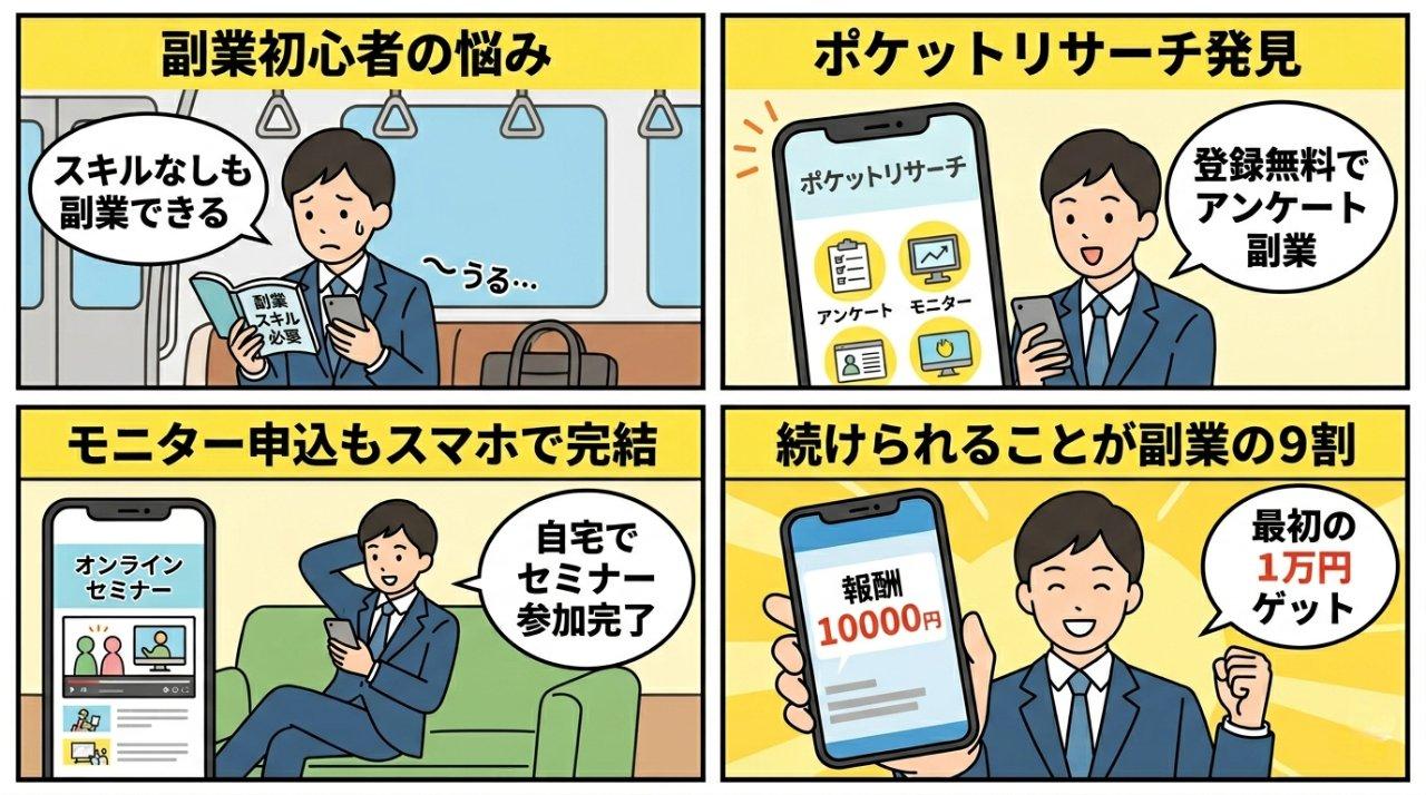 副業初心者がポケットリサーチで最初の報酬を得るまでの4コマ漫画