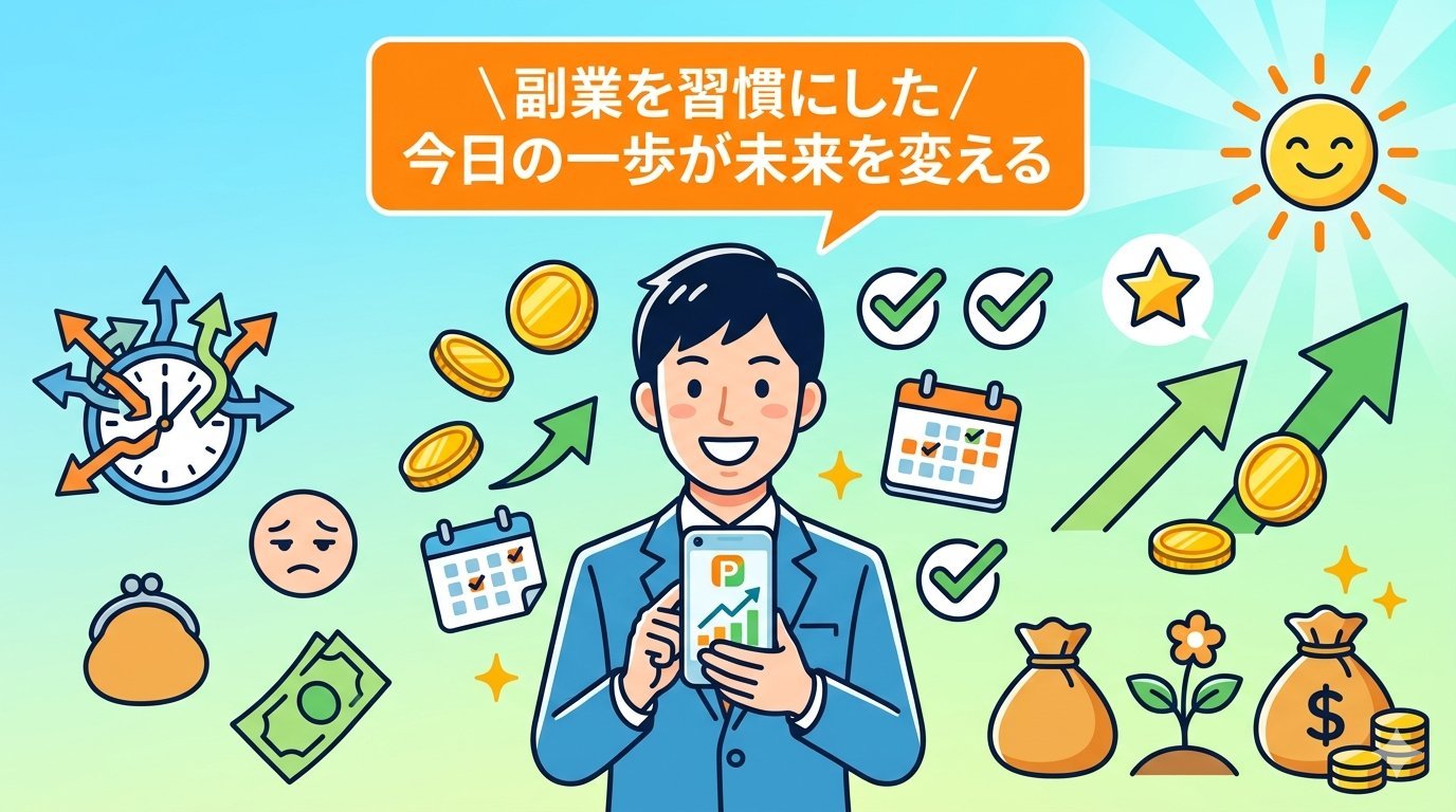 副業を習慣にして理想の未来を手にしたビジネスパーソンのイラスト