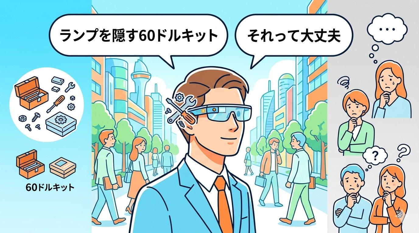 スマートグラスの改造キット問題と周囲の不安を表す導入イラスト