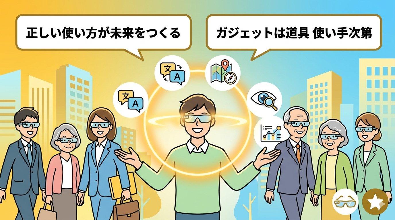 スマートグラスを正しく使う多世代の未来像を描いた結論イラスト