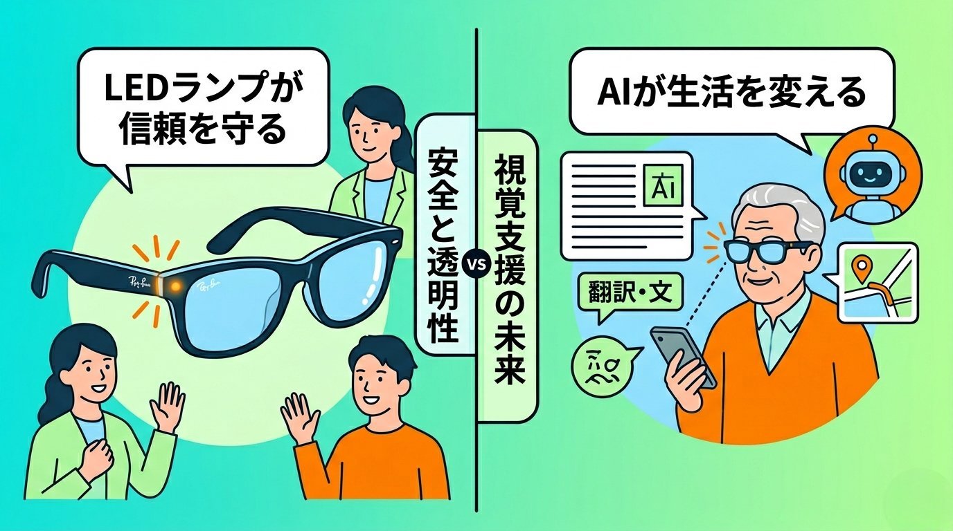 スマートグラスの安全性と視覚支援の未来を二分割で表したイラスト