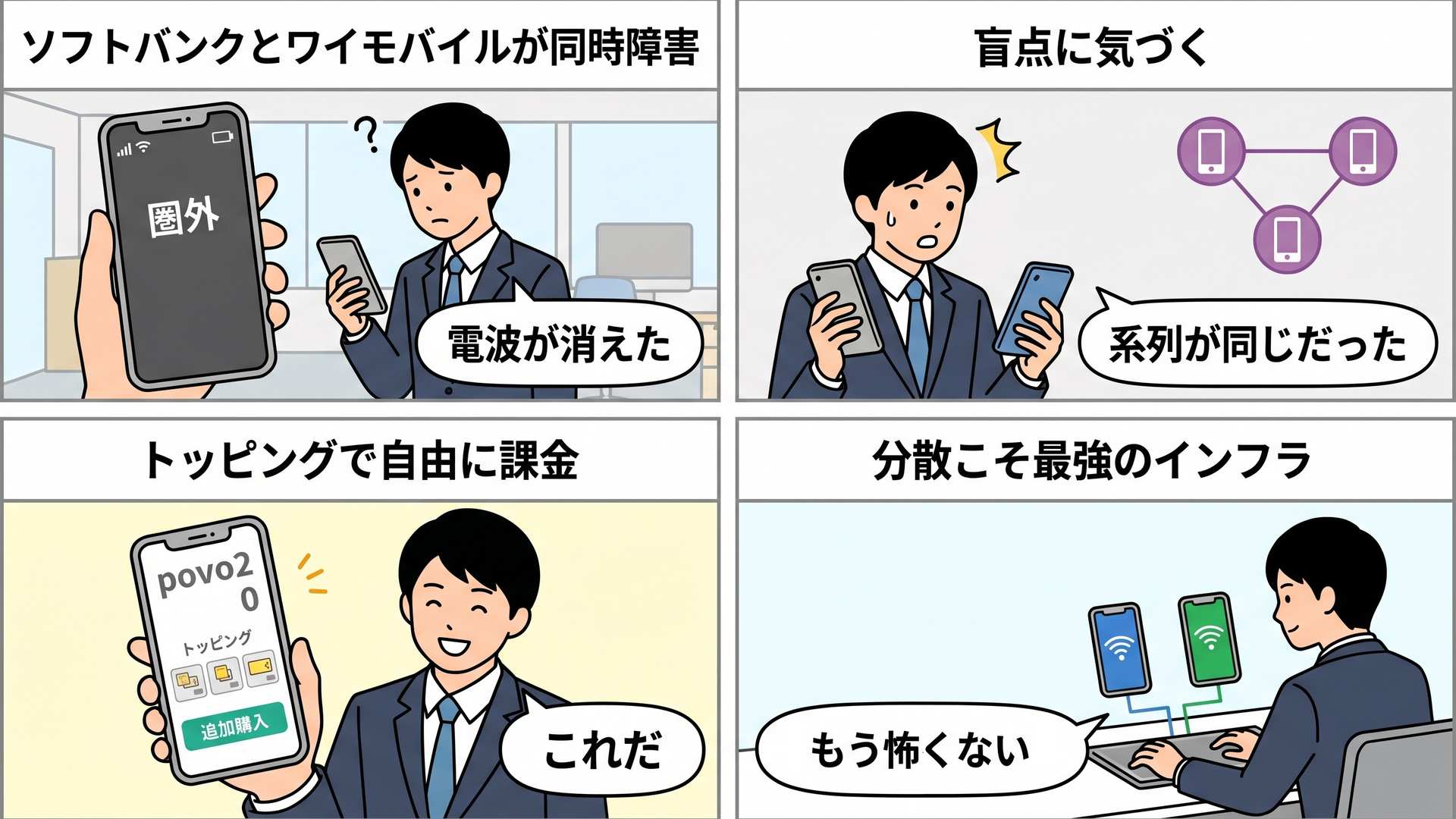 キャリア障害から学んだ複数回線分散運用の4コマ漫画