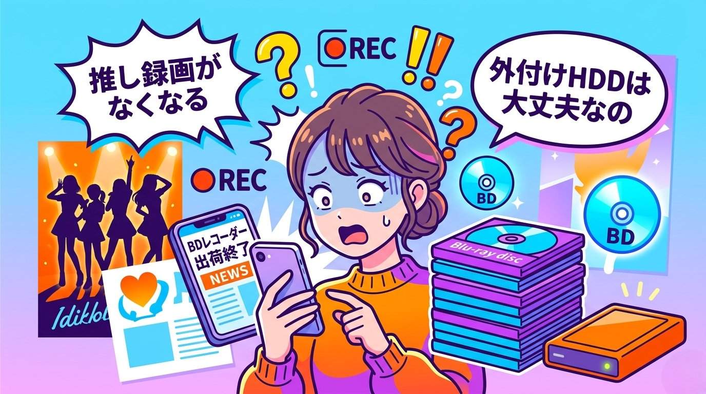 推し録画が消えるかもという不安を感じているオタク系女性のイラスト