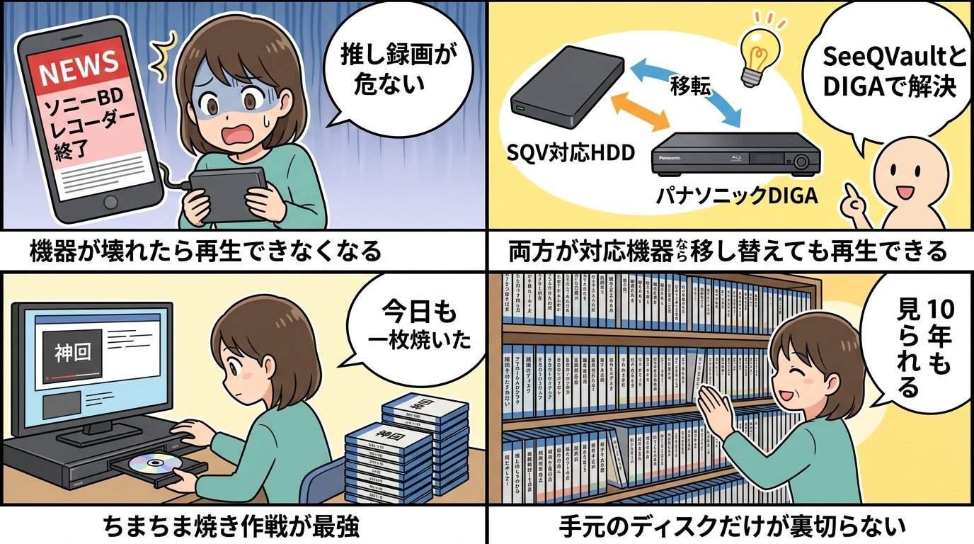 SeeQVault・LANダビング・パナソニックDIGAの3つの録画救済ルートを図解したイラスト