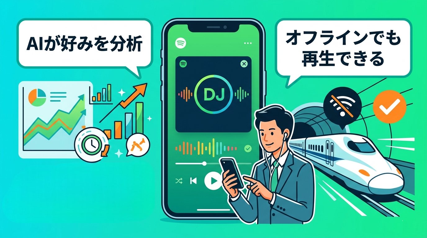 Spotify AI DJがAI分析とオフライン再生でラジオとは異なる体験を提供する様子