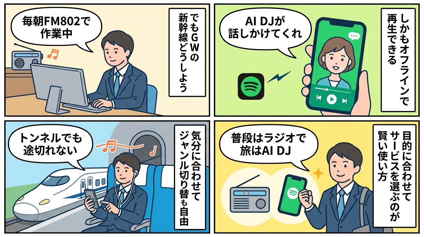 ラジオ派がSpotify AI DJを新幹線移動で活用する流れを描いた4コマ漫画