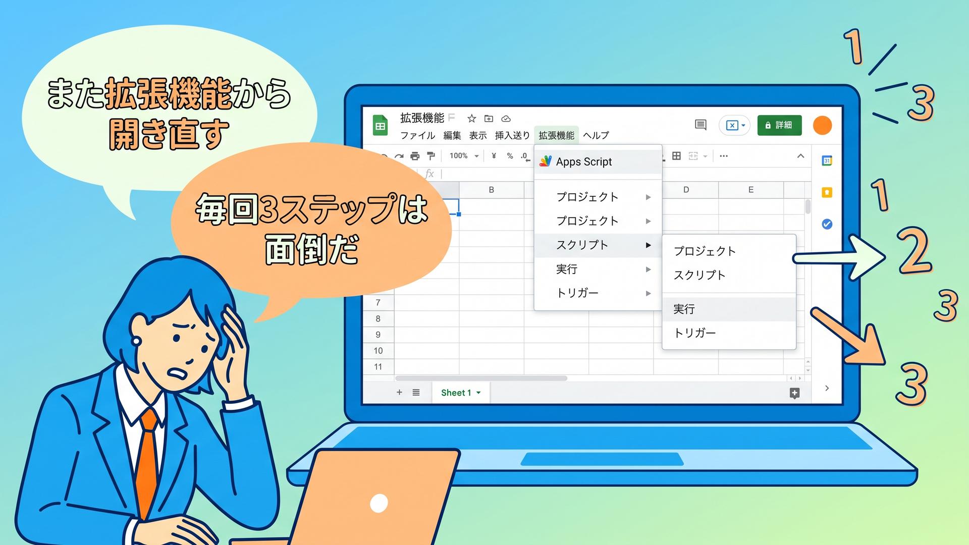 拡張機能メニューを何層も開く必要があり面倒に感じているビジネスパーソンのイラスト