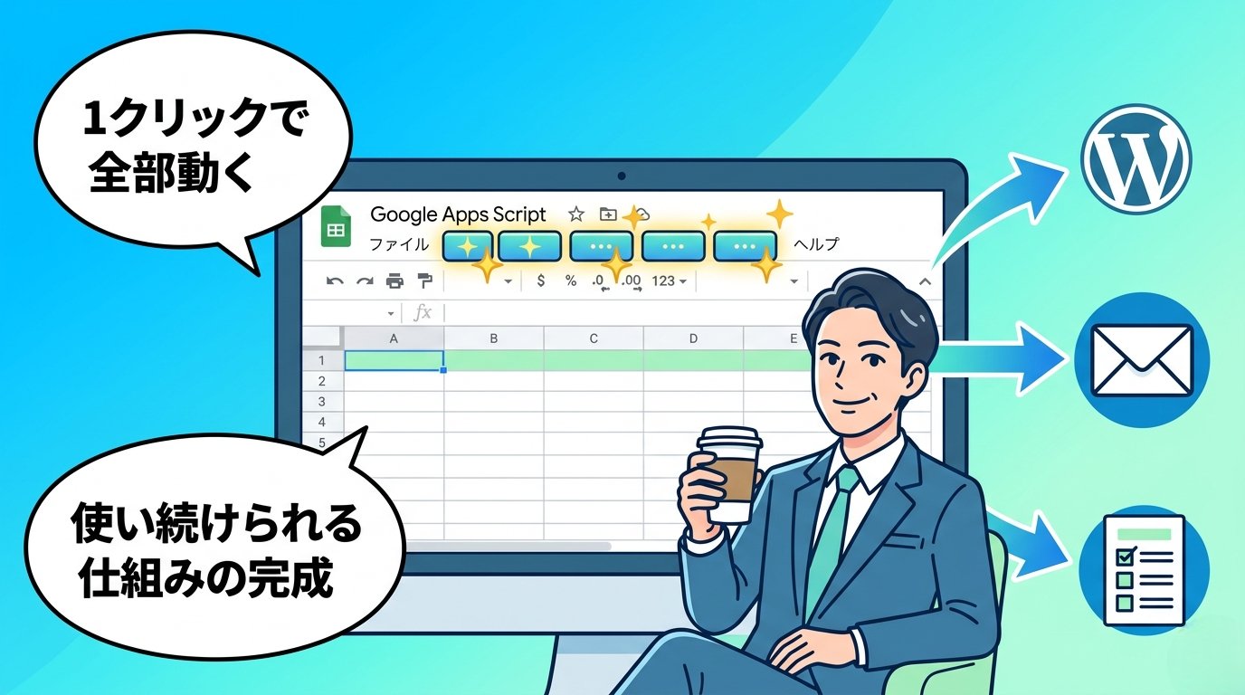 自動化システムが完成しコーヒーを飲みながら余裕の表情で画面を眺めるビジネスパーソンのイラスト