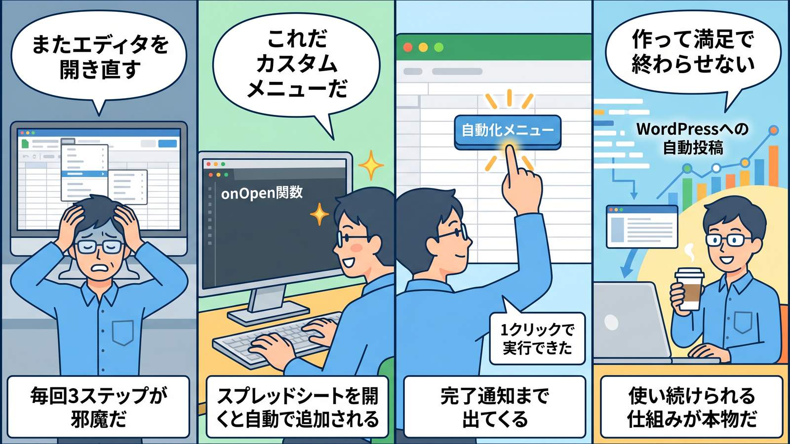 GASカスタムメニュー活用の流れを描いた4コマ漫画